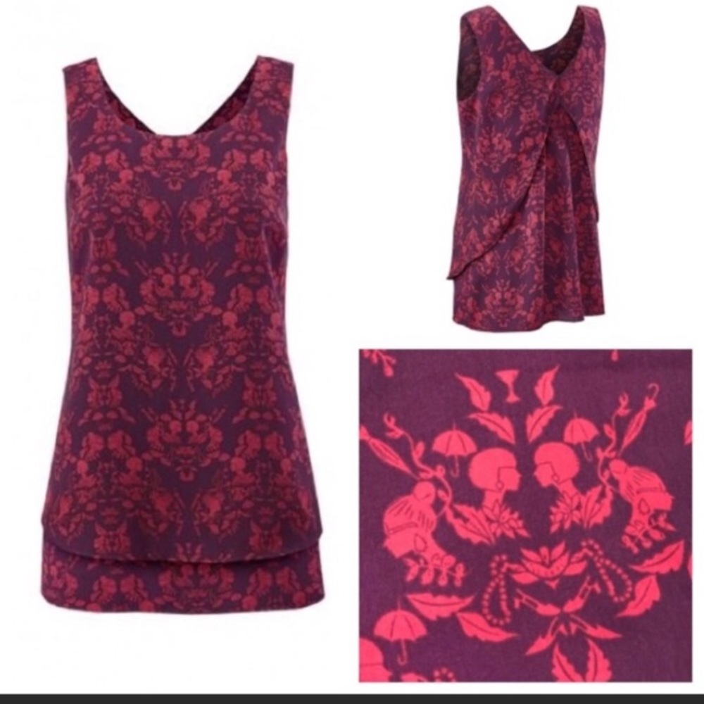 CAbi Cameo Blouse -Purple & pink baroque pattern.